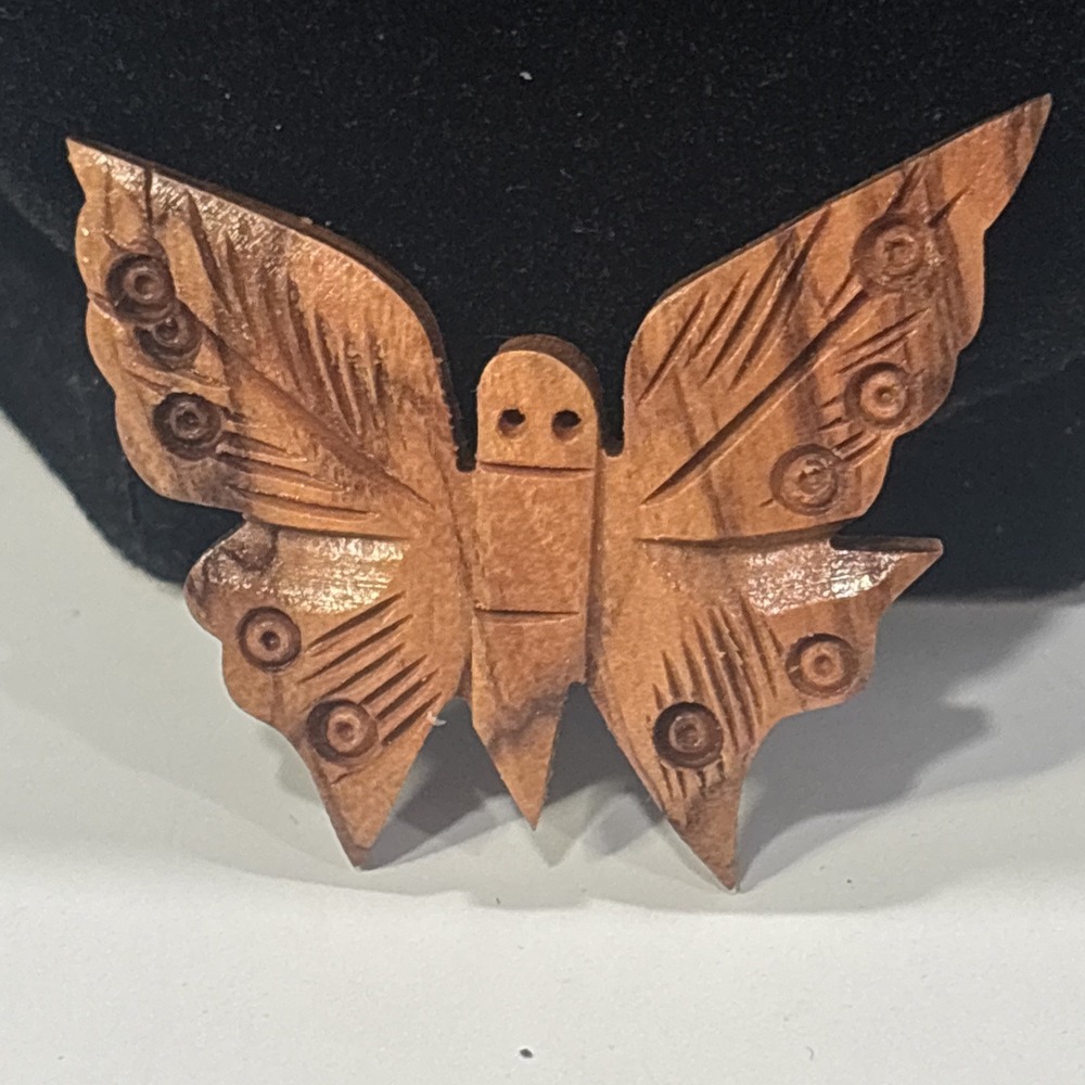 Carved Wood Butterfly Brooch